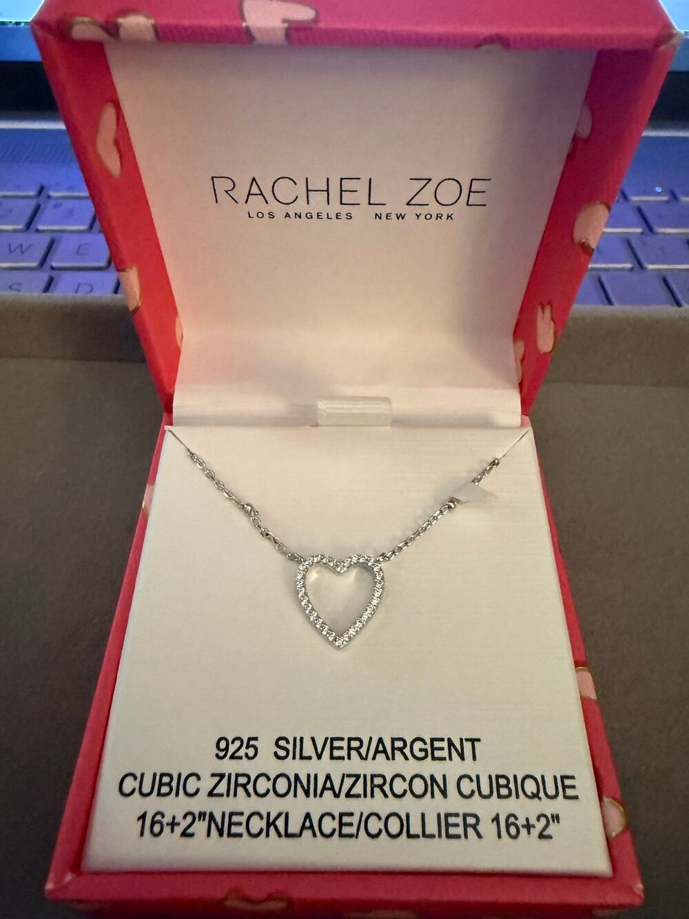 Rachel Zoe 925 Sterling Silver CZ Open Heart Necklace 16-18" New in Box